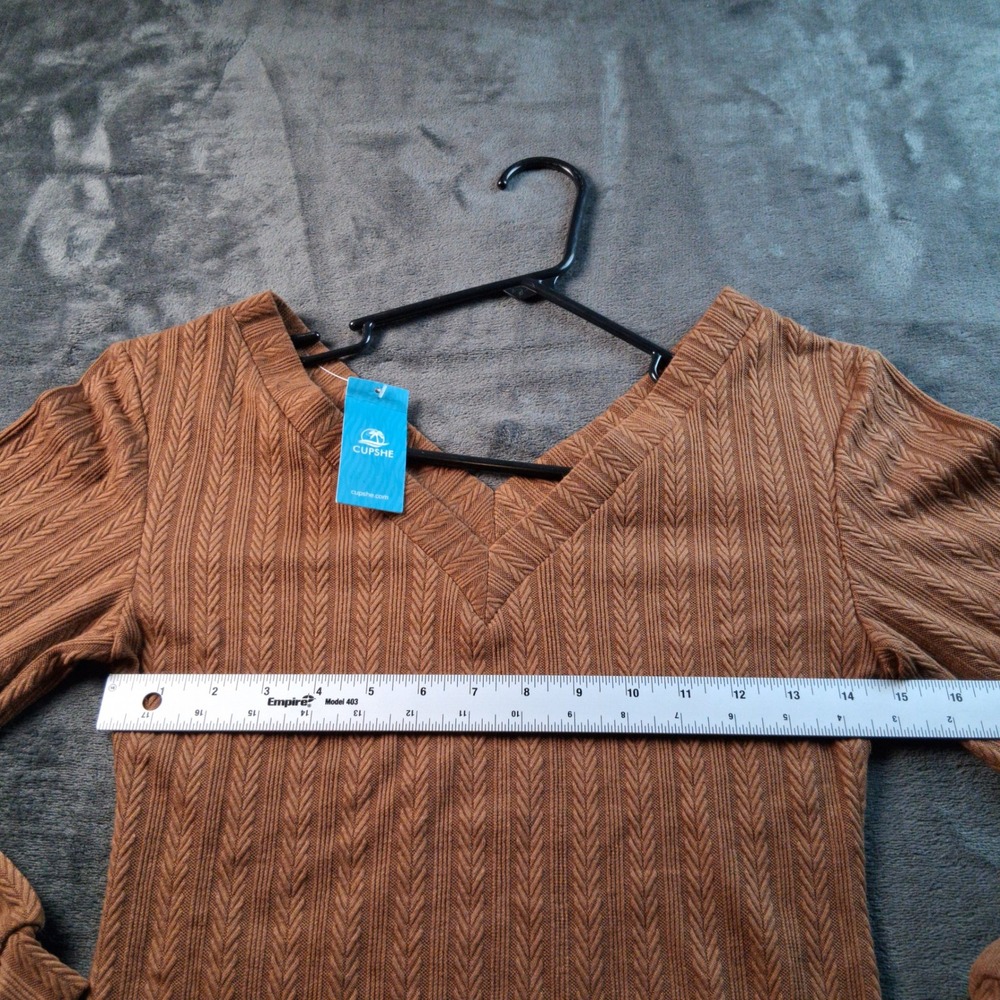 NWT Cupshe Knit Top Womens Small Brown V-Neck Balloon Sleeve Chevron Textured - Picture 6 of 8